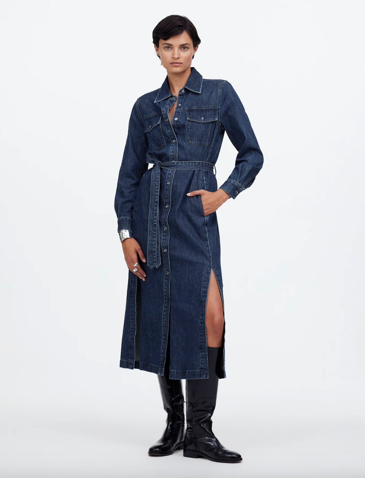 Madewell Denim Tie Waist Midi Shirtdress Avenida Wash Blue Long Sleeve Xs Nwt